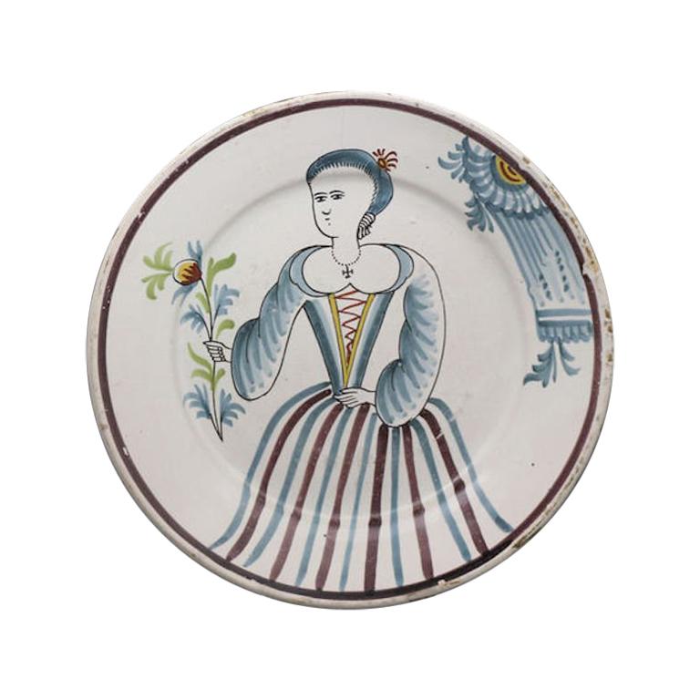 Dutch Delftware Pottery Charger with Image of a Lady in Polychrome Colors For Sale