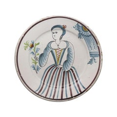 Dutch Delftware Pottery Charger with Image of a Lady in Polychrome Colors