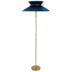 Daisy contemporary standing lamp, sapphire silk , silvered glass necklace,brass 