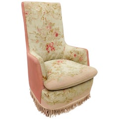 Antique Aubusson Tapestry Upholstered Armchair or Bergere with Roses and Celadon