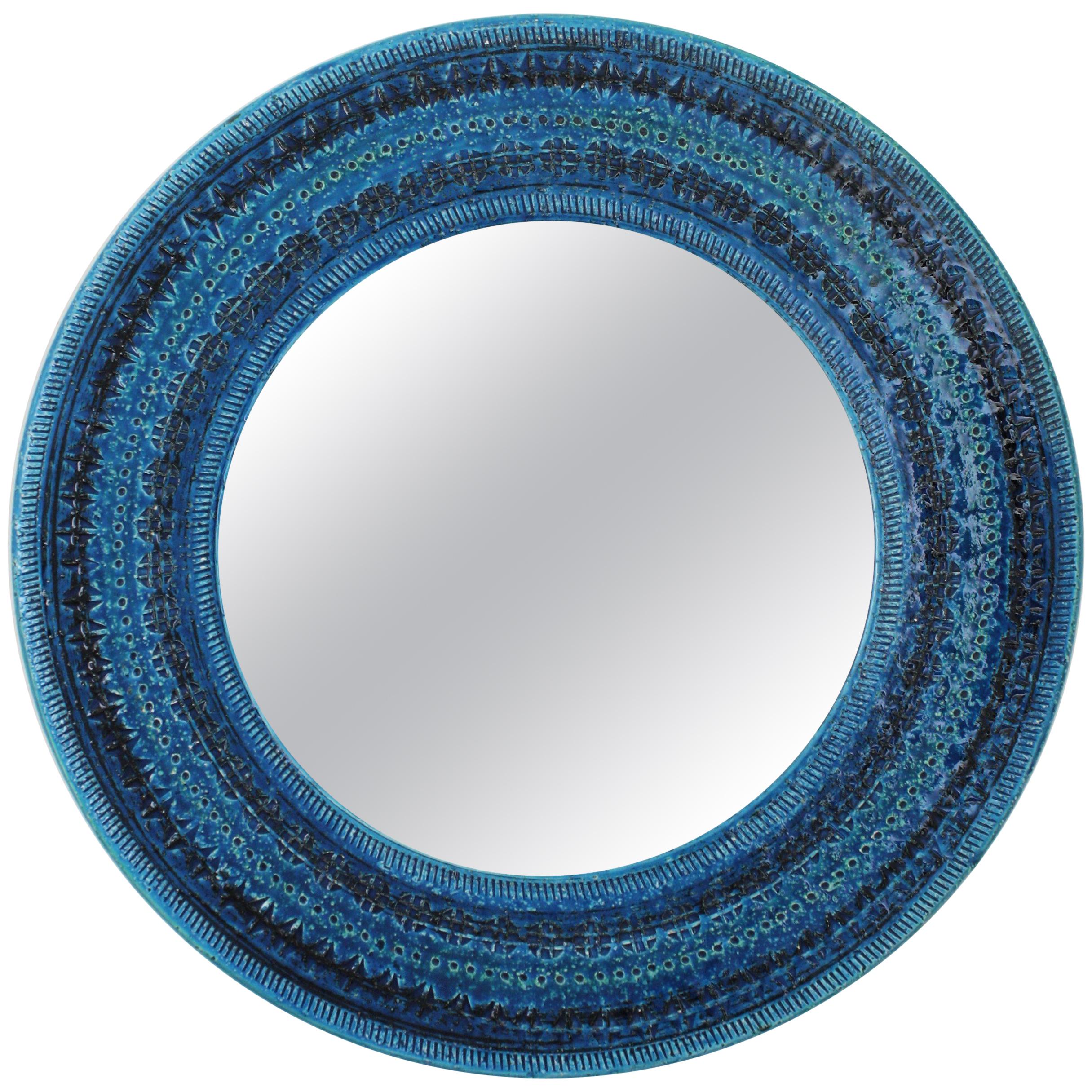 Italian Midcentury Aldo Londi Bitossi Rimini Blue Glazed Ceramic Round Mirror 