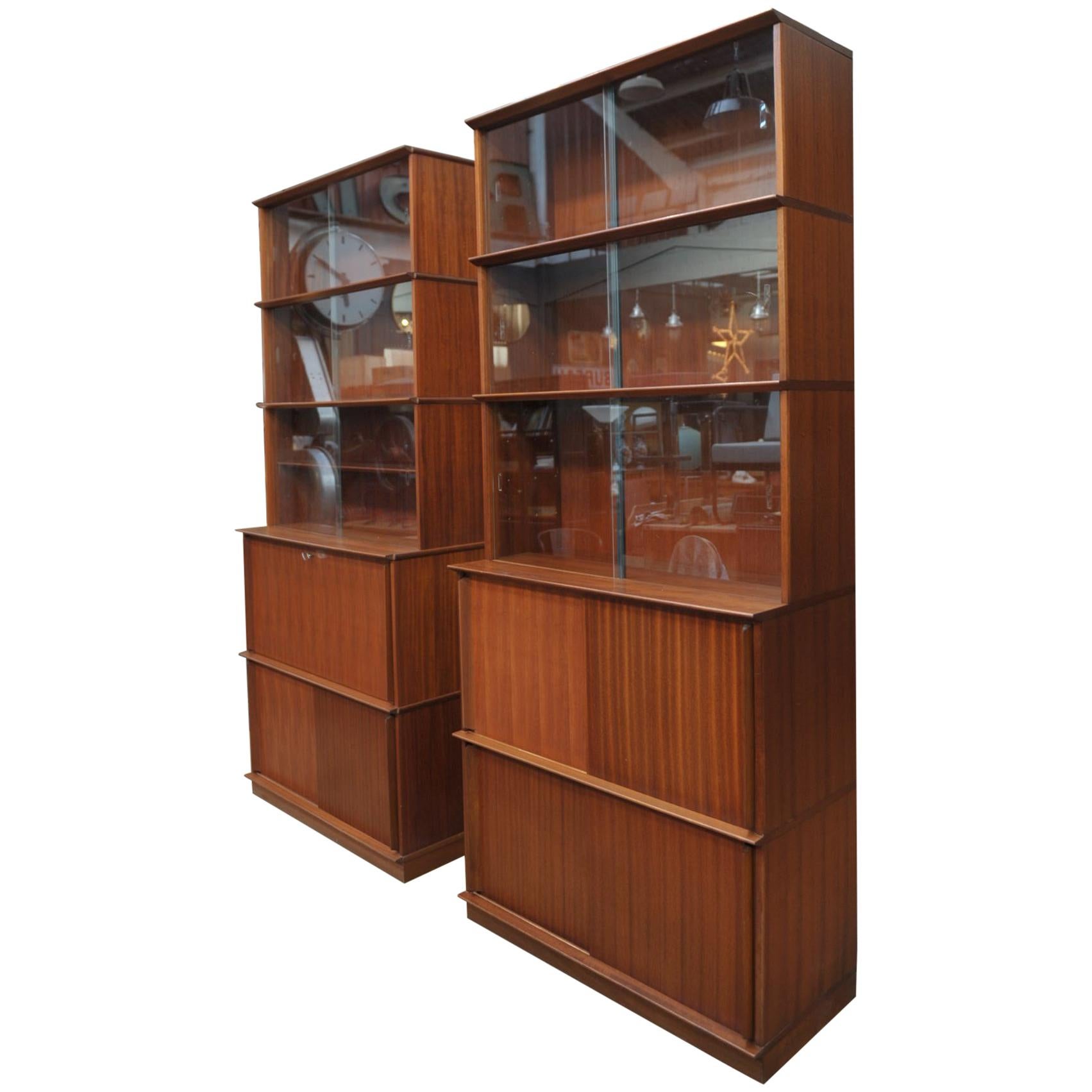 Pair of Teak Secretaire and Sliding Doors Bookcase Cabinets, circa 1960 For Sale