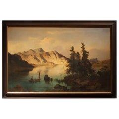 J. Brunner 1869 Oil on Canvas Austrian Landscape with Lake and Mountain Painting