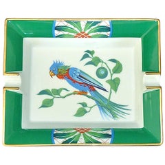 Vintage Hermès Paris Porcelain Ashtray Parakeet Bird Motif Gilt Green Red Blue