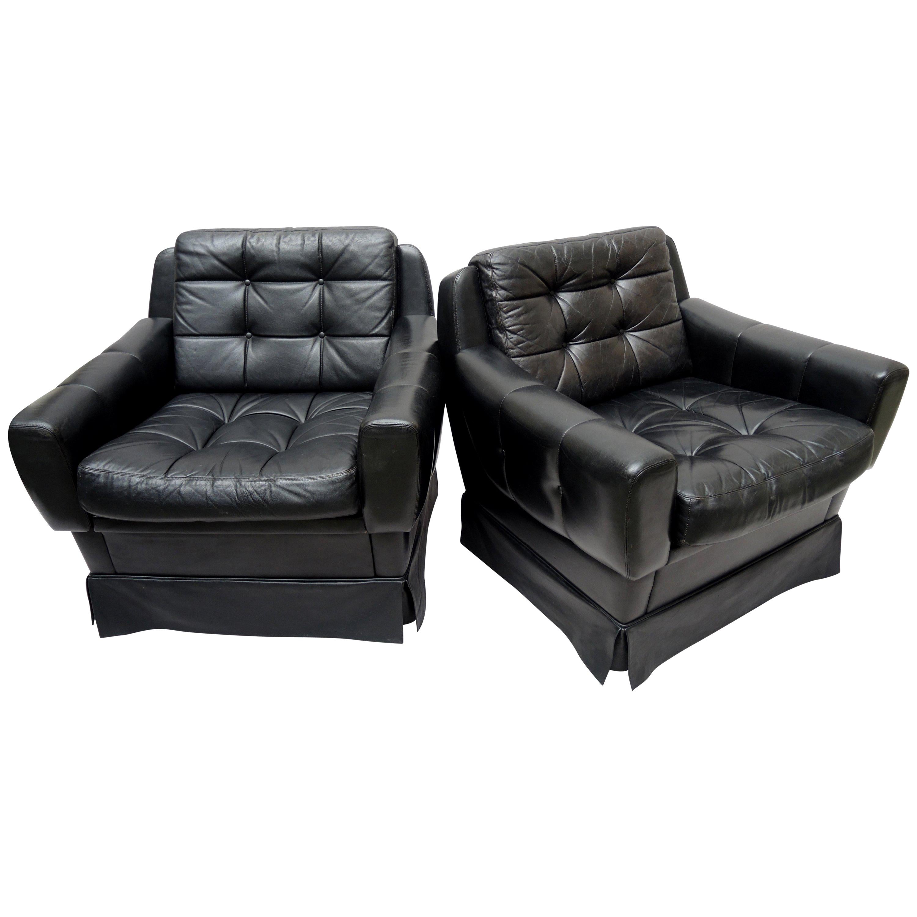 Pair of 1960s German Midcentury Black Leather Club Chairs by Profilia For Sale