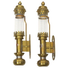 Pair of Vintage Brass and Glass Railway Carriage Candle Light Lamps