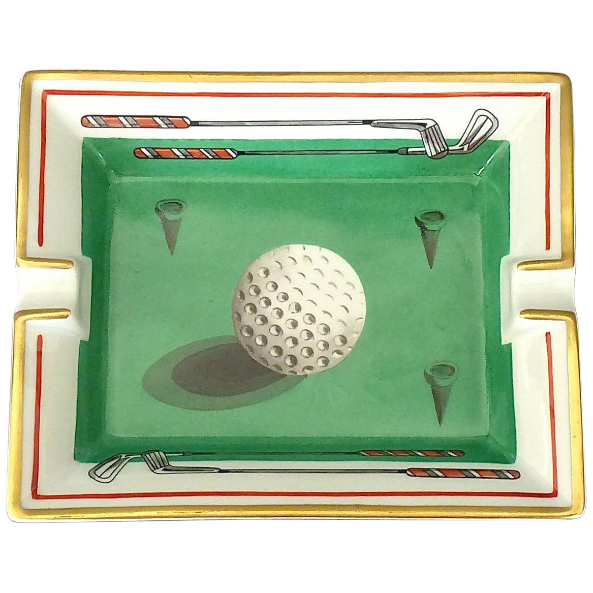 Fine Hermes Paris Porcelain Ashtray Golf Motif Gilt Green Red Fornasetti Style