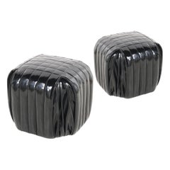 Pair of Italian Black Patent Leather Stools or Poufs