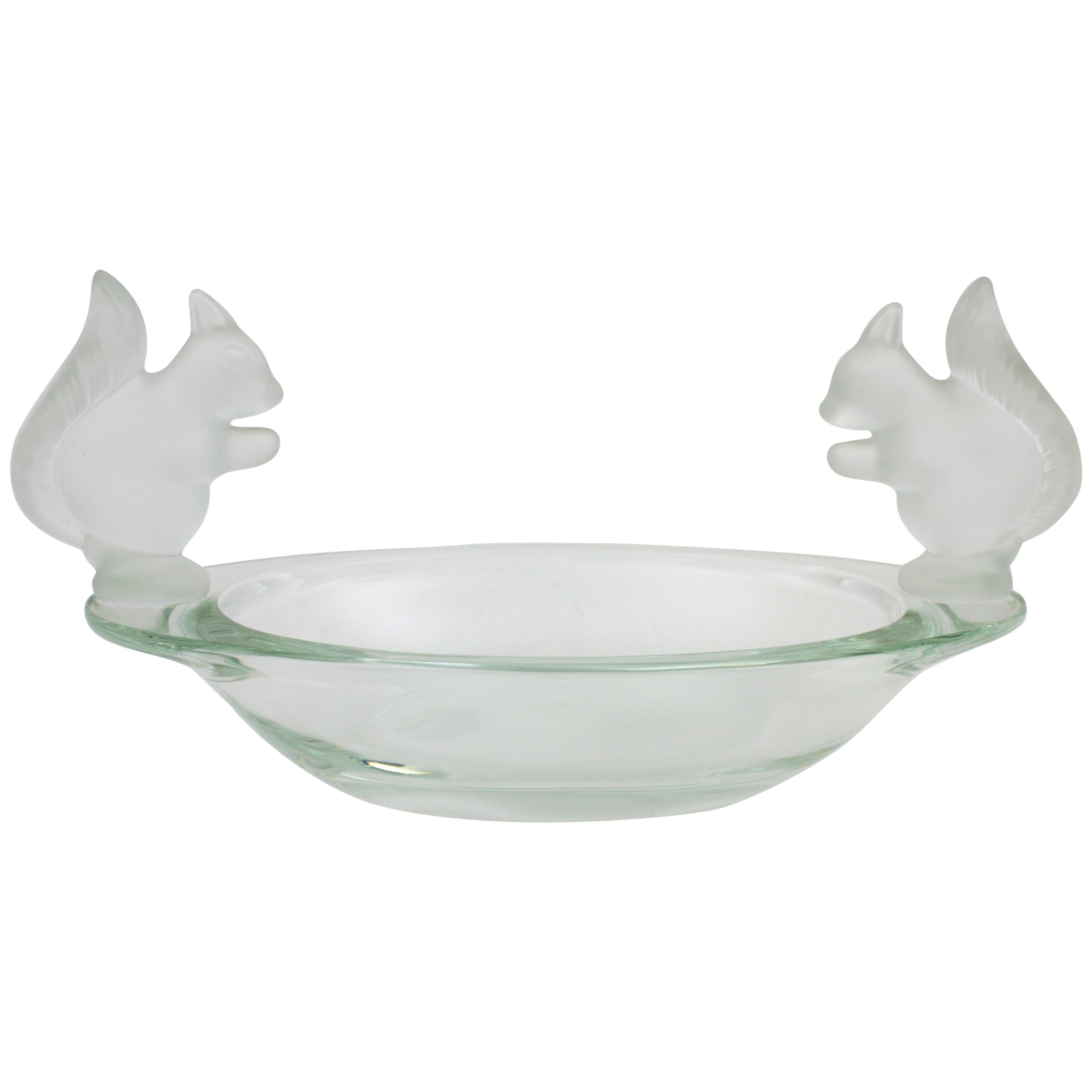 French Sevres Crystal Oval Bowl Decorated by Frosted Crystal Squirrel Figures