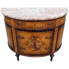 Satinwood Figural Inlaid Adams Style Demilune Marble-Top Commode