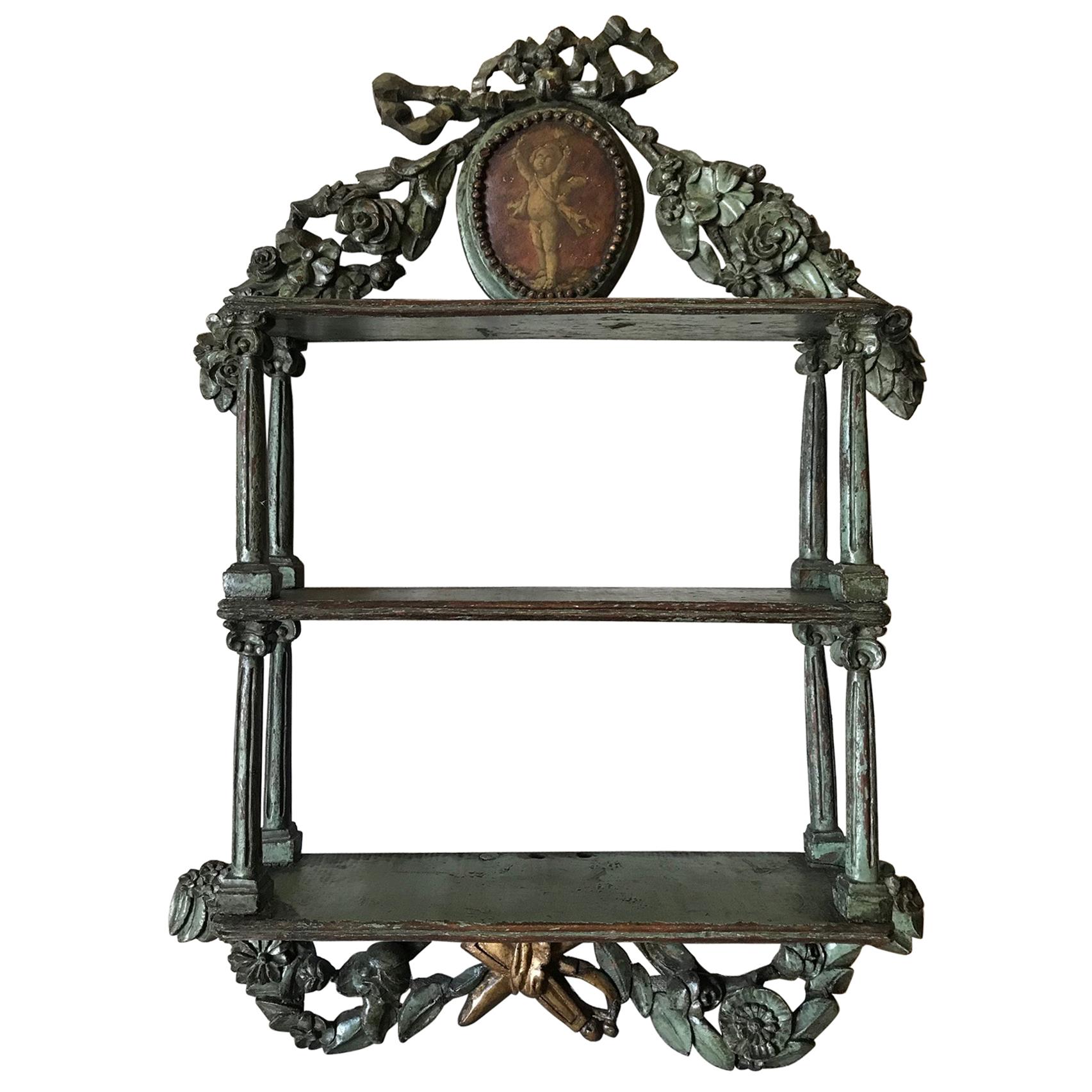 18th Century Carved and Painted Wood Etagere Wall Shelf, Provence