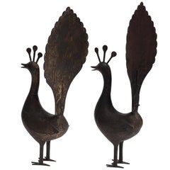 Pair of Peacocks, Metal Sculptures with Gilded and Low-Relief Decorations