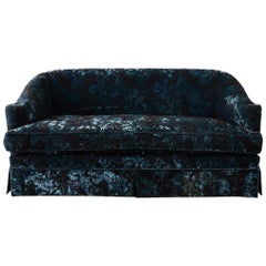 Blue Emerald Velvet Paisley Print Curved Back Settee