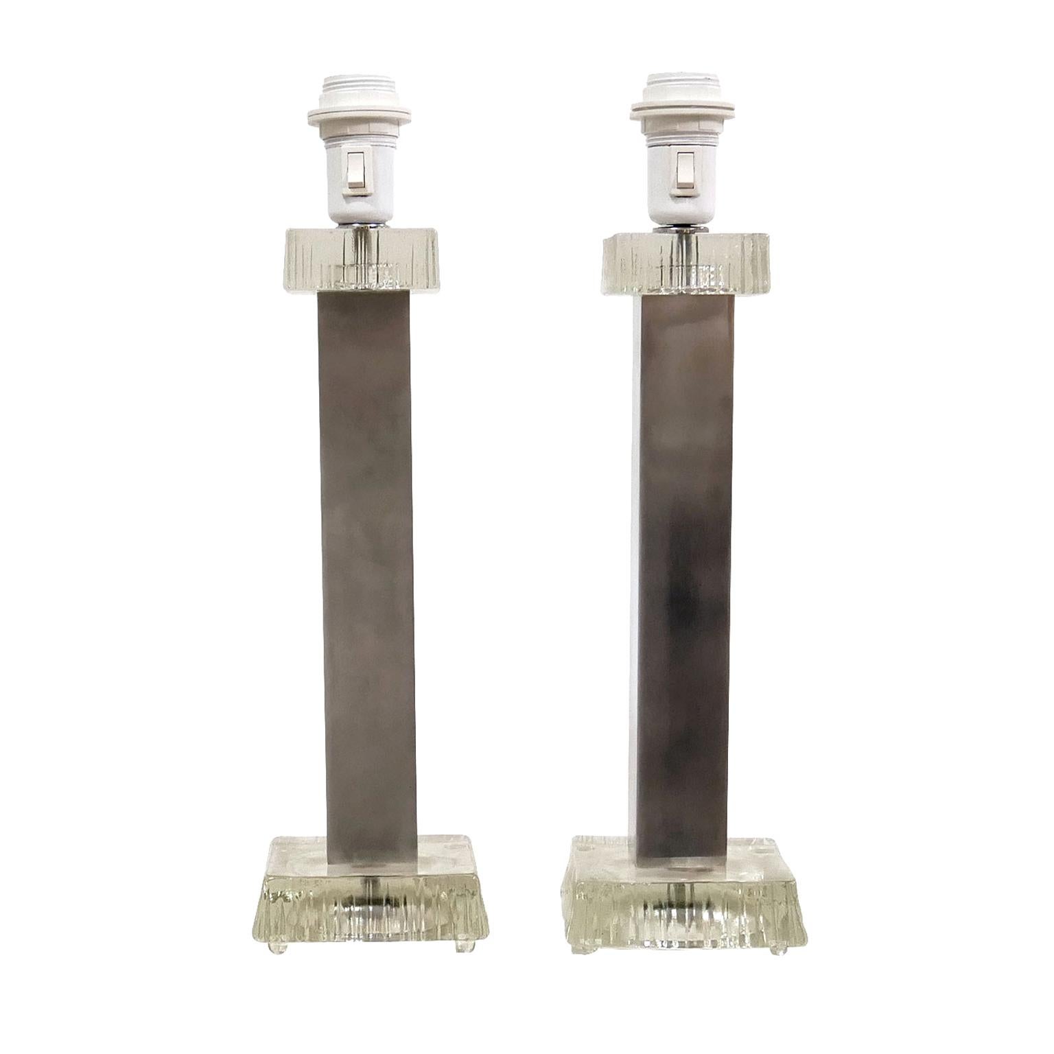 Par of Glass and Brushed Aluminium Table Lamps For Sale