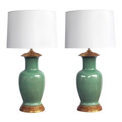 Good Quality Pair of Used Celadon Crackle-Glaze Lamps by Wildwood Lamp Co.