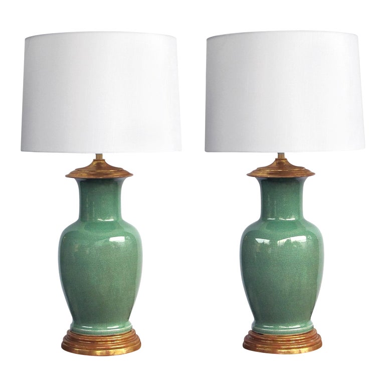 Good Quality Pair of Vintage Celadon CrackleGlaze Lamps by Wildwood