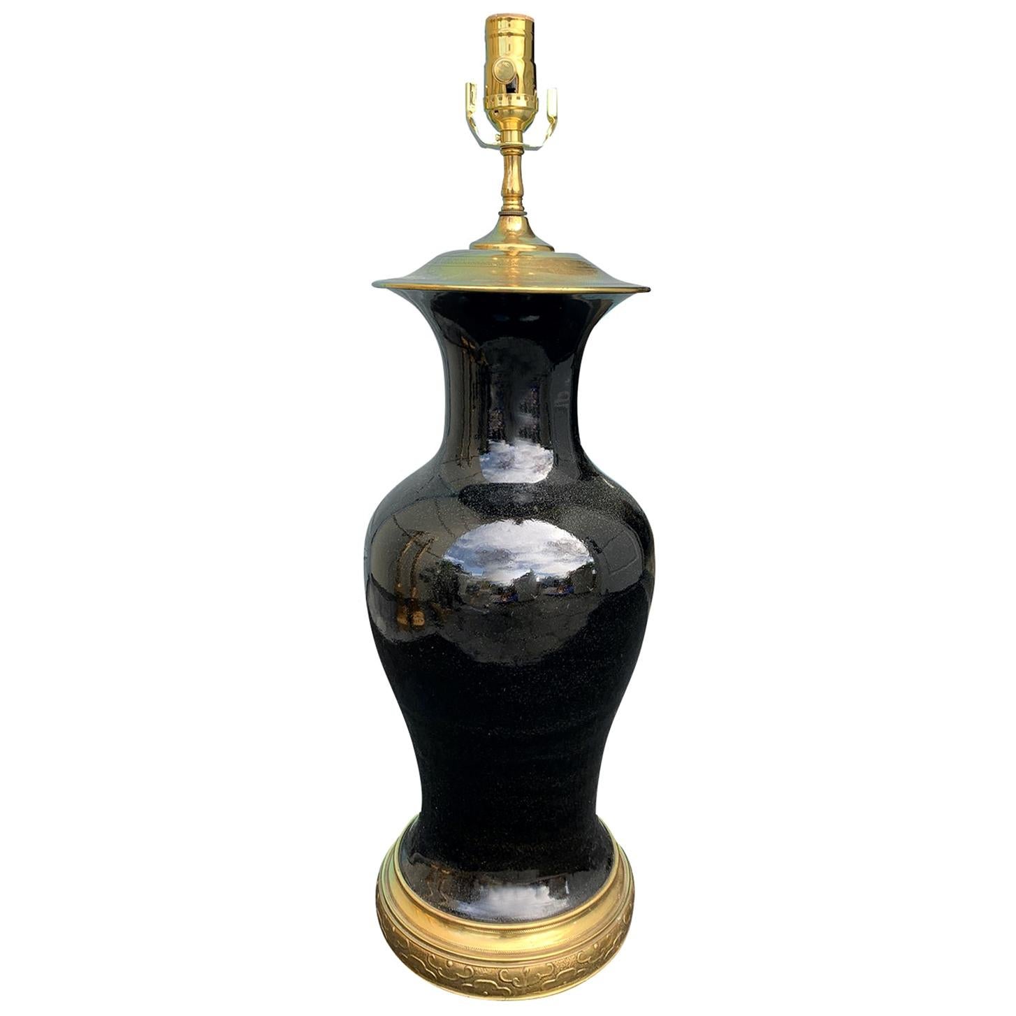 19th Century Chinese Mirror Black Porcelain Lamp, Custom Brass Mount