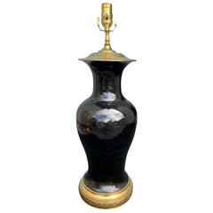 19th Century Chinese Mirror Black Porcelain Lamp, Custom Brass Mount