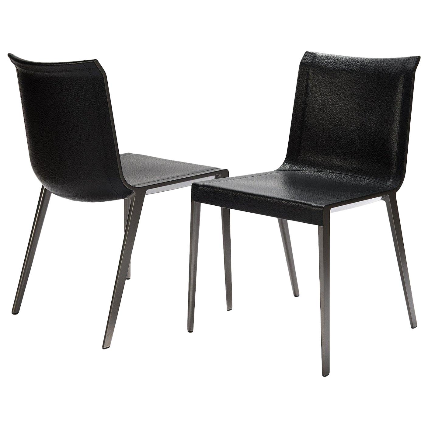 Black Leather / Bronzed Nickel Frame Charlotte Dining Chair,  B&B Italia  