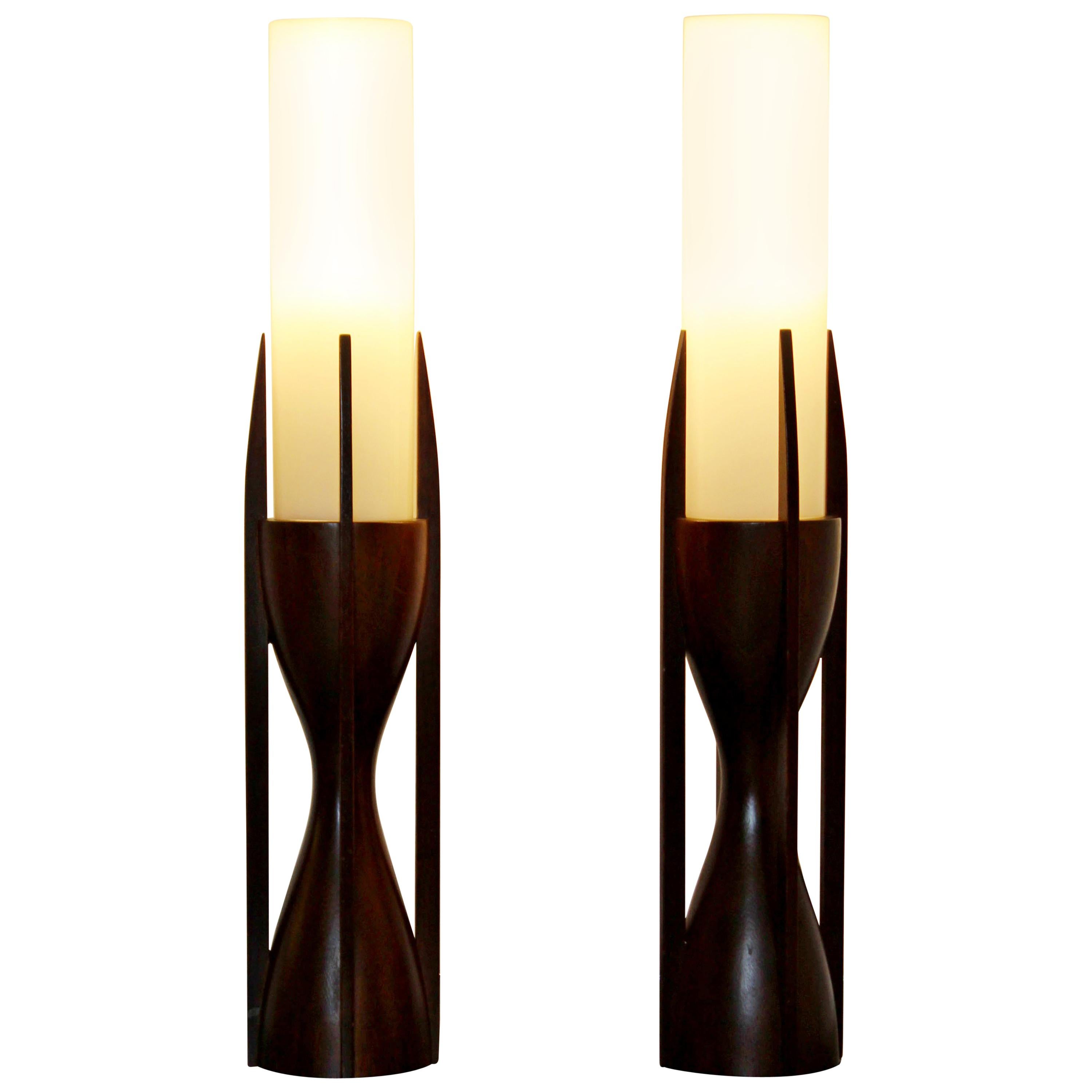 Mid-Century Modern Modeline Pair Sculptural Mahogany Opaline Glass Table Lamps
