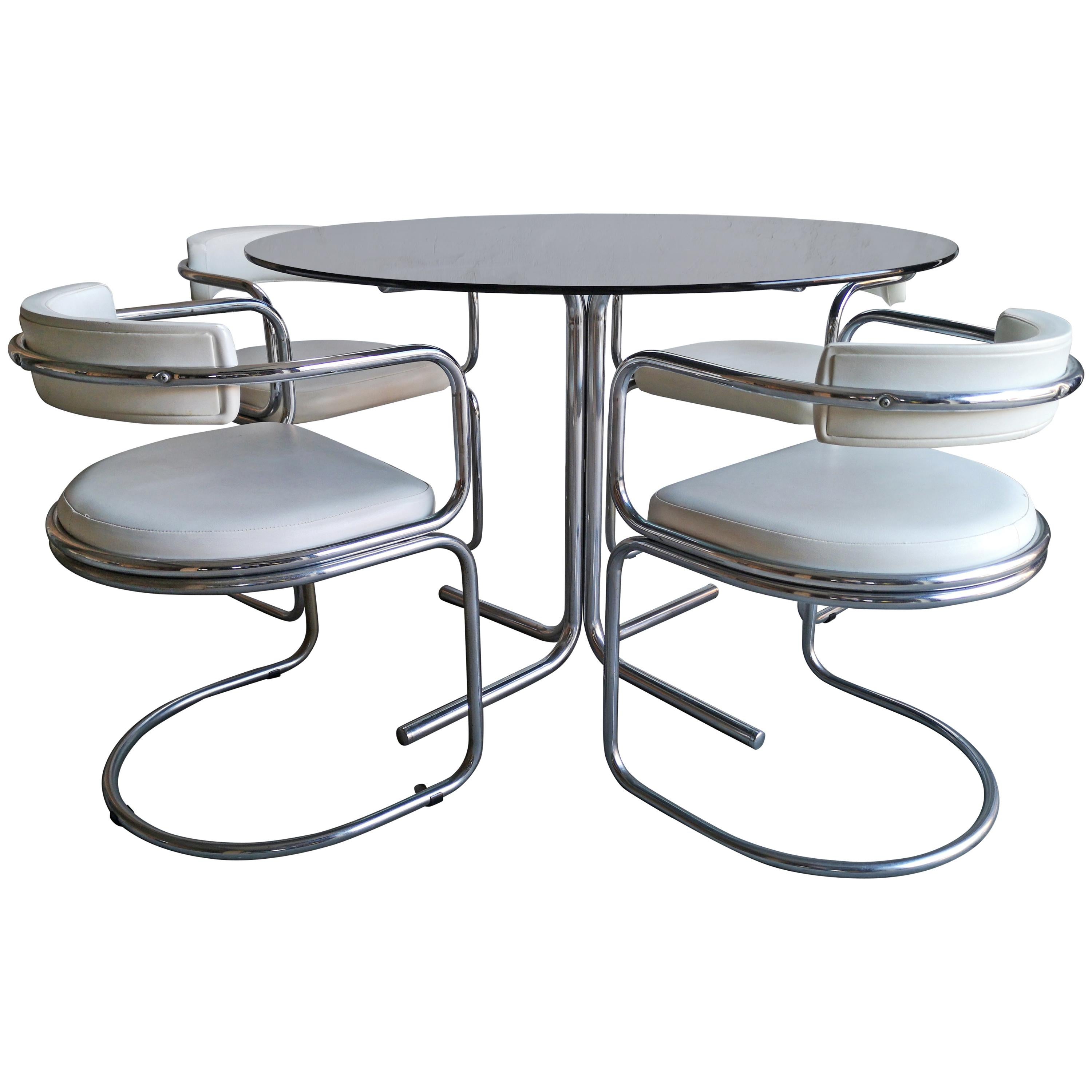 Midcentury English Chrome and Smoked Glass Dining Set