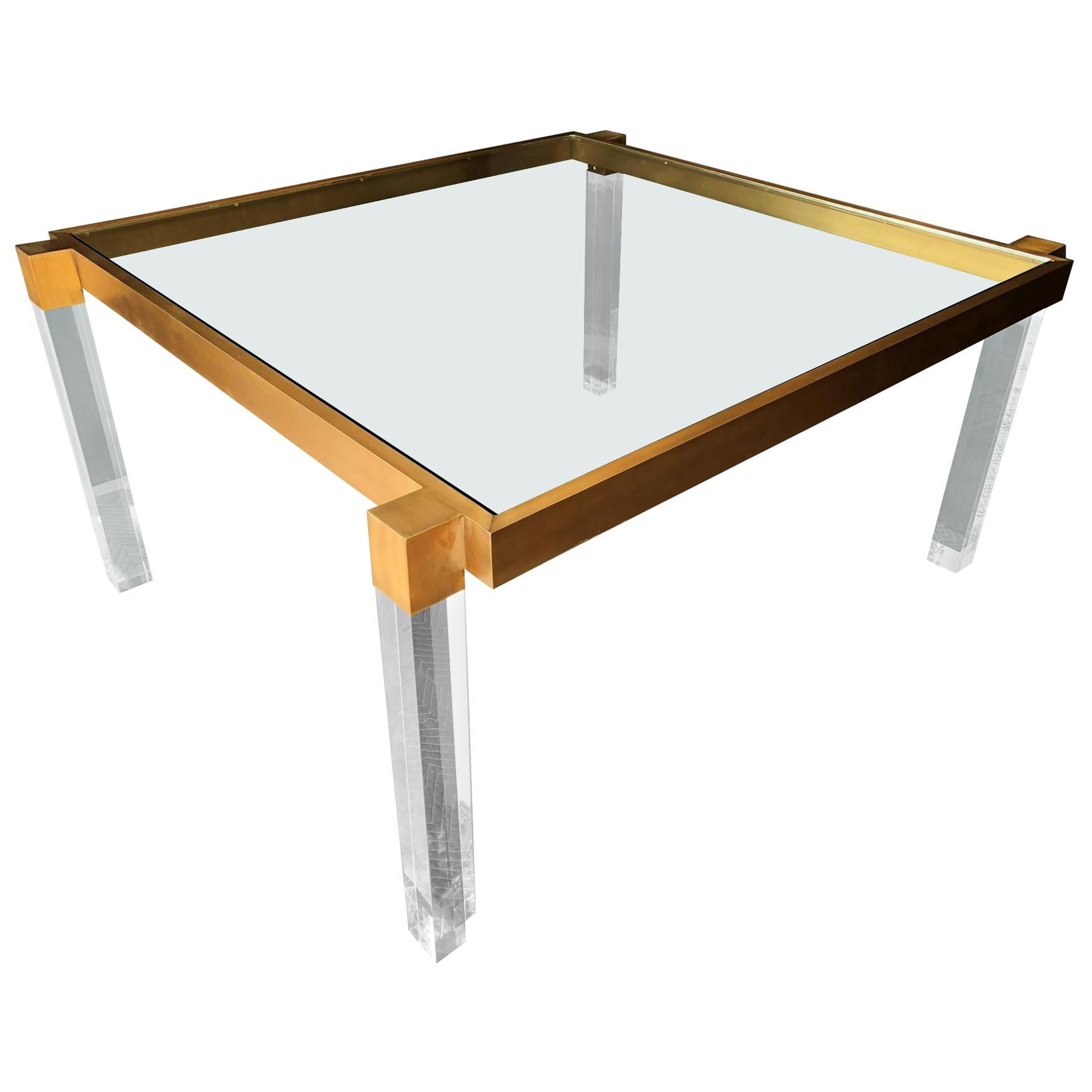 Charles Hollis Jones "Box Line" Dining Table in Lucite and Antique Solid Brass
