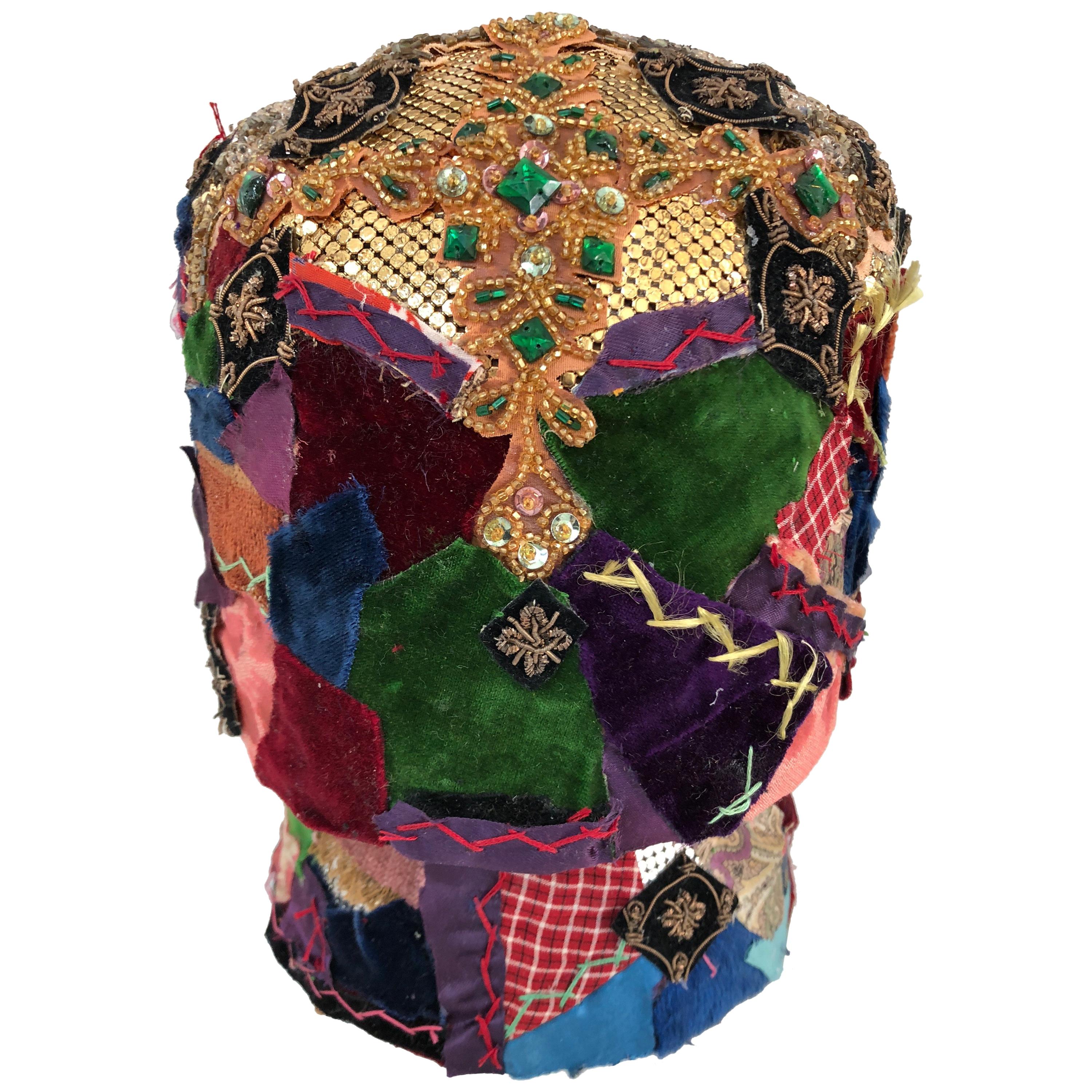 Gorgeous Mixed-Media Crazy Quilt and Gold Lame Head Sculpture For Sale
