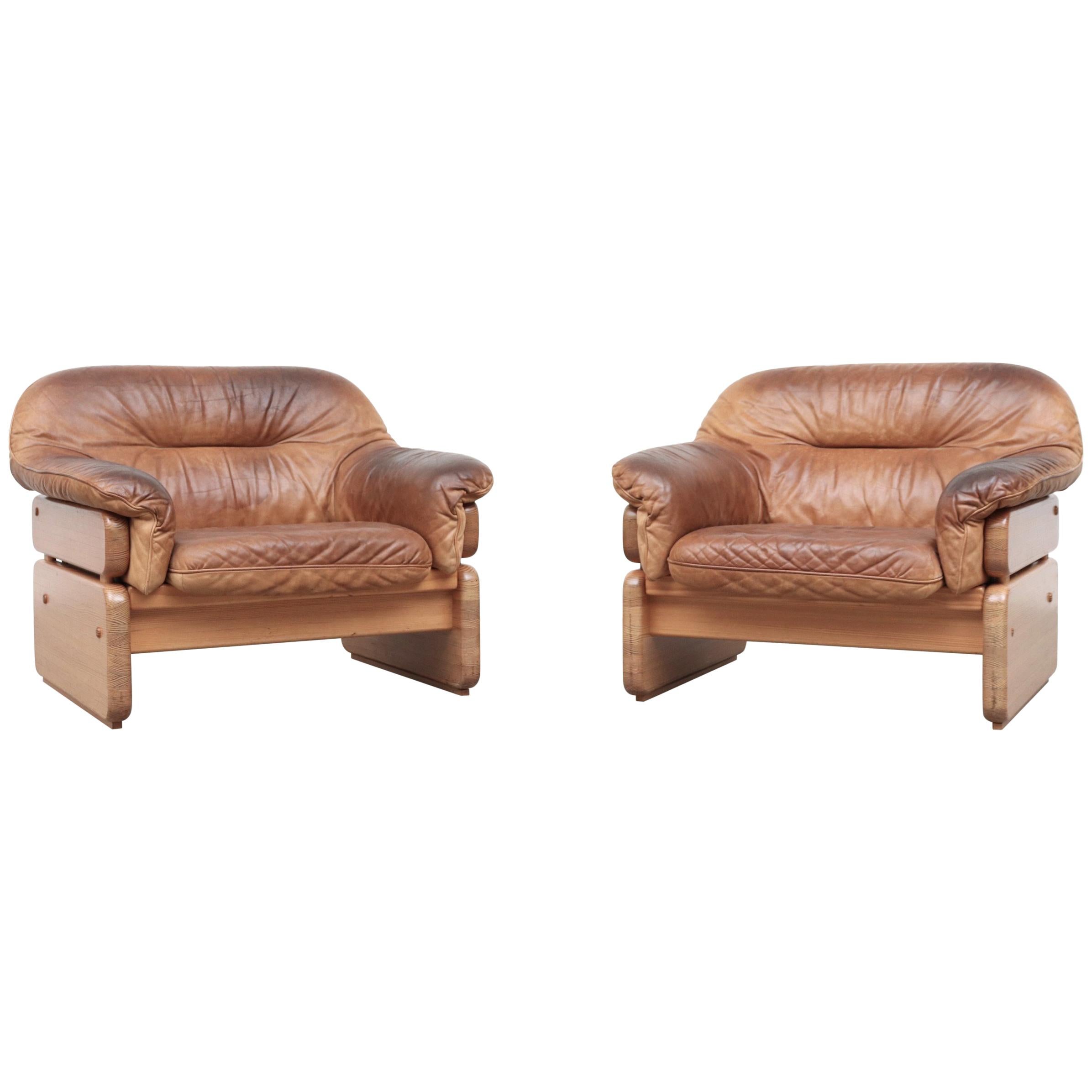 Pair of Gerard Van Den Berg Inspired Pine and Leather Lounge Chairs