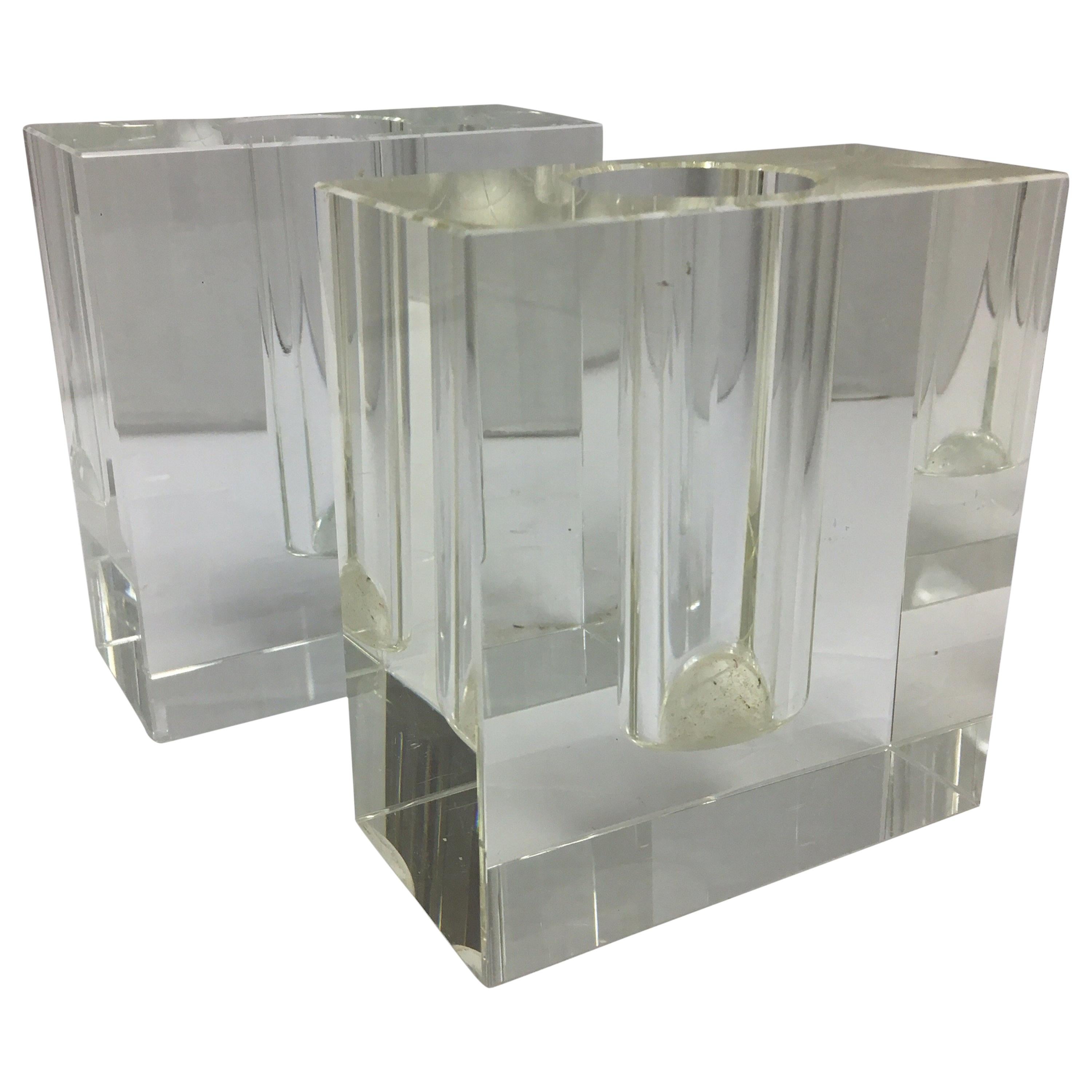Mid-Century Modern 1970s Italian Square Heavy Glass Candlesticks Made in Italy