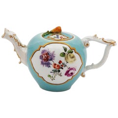18th Century Meissen Miniature Turquoise-Ground Botanical Teapot and Cover
