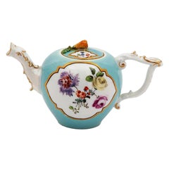 18th-century Meissen Miniature Turquoise-Ground Botanical Teapot and Cover