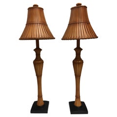Pair of Tall Thin Mid-Century Modern Faux Bambo Reed Table Lamps