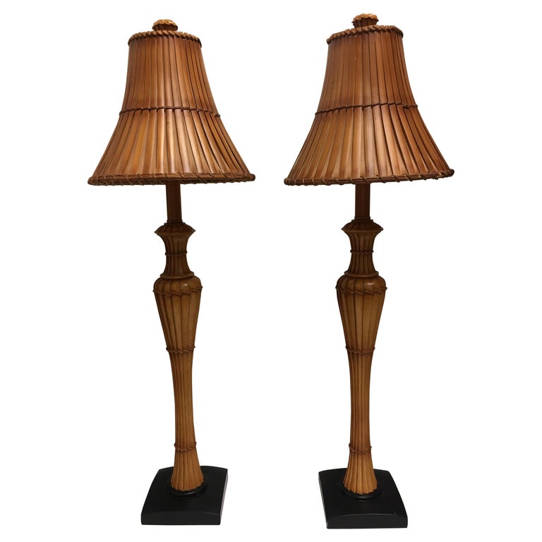 Pair Of Tall Thin Mid Century Modern, Tall Wood Table Lamps