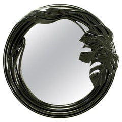 Black Lacquer Art Deco Revival Foliate Round Mirror