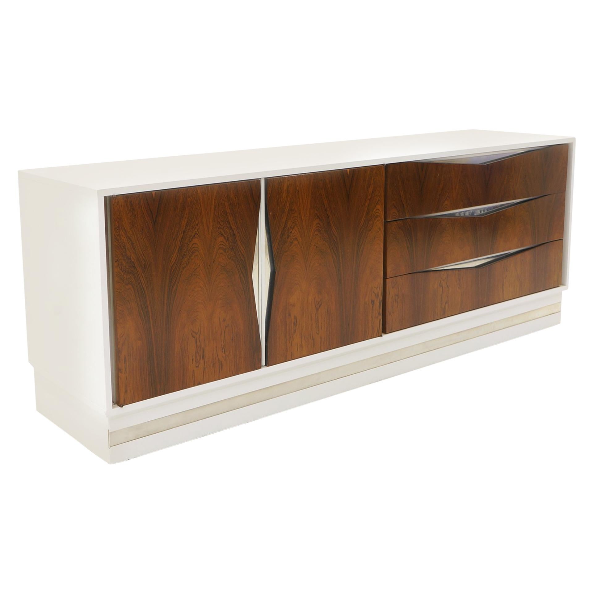 Six-Drawer Dresser, White Case with Rosewood Fronts and Chrome Accents