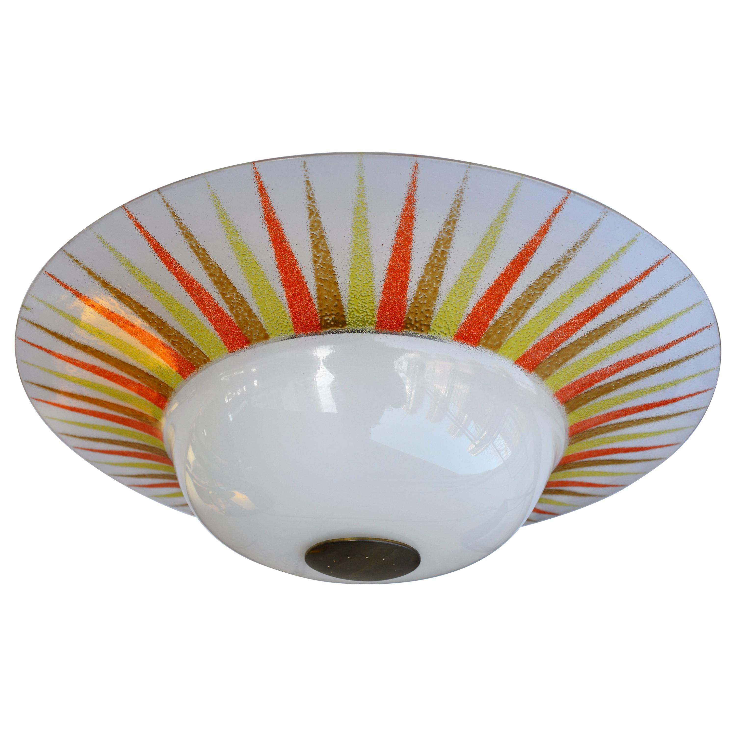 Rare 1950s Gerald Thurston for Lightolier Glass and Brass Sunburst Ceiling Light For Sale