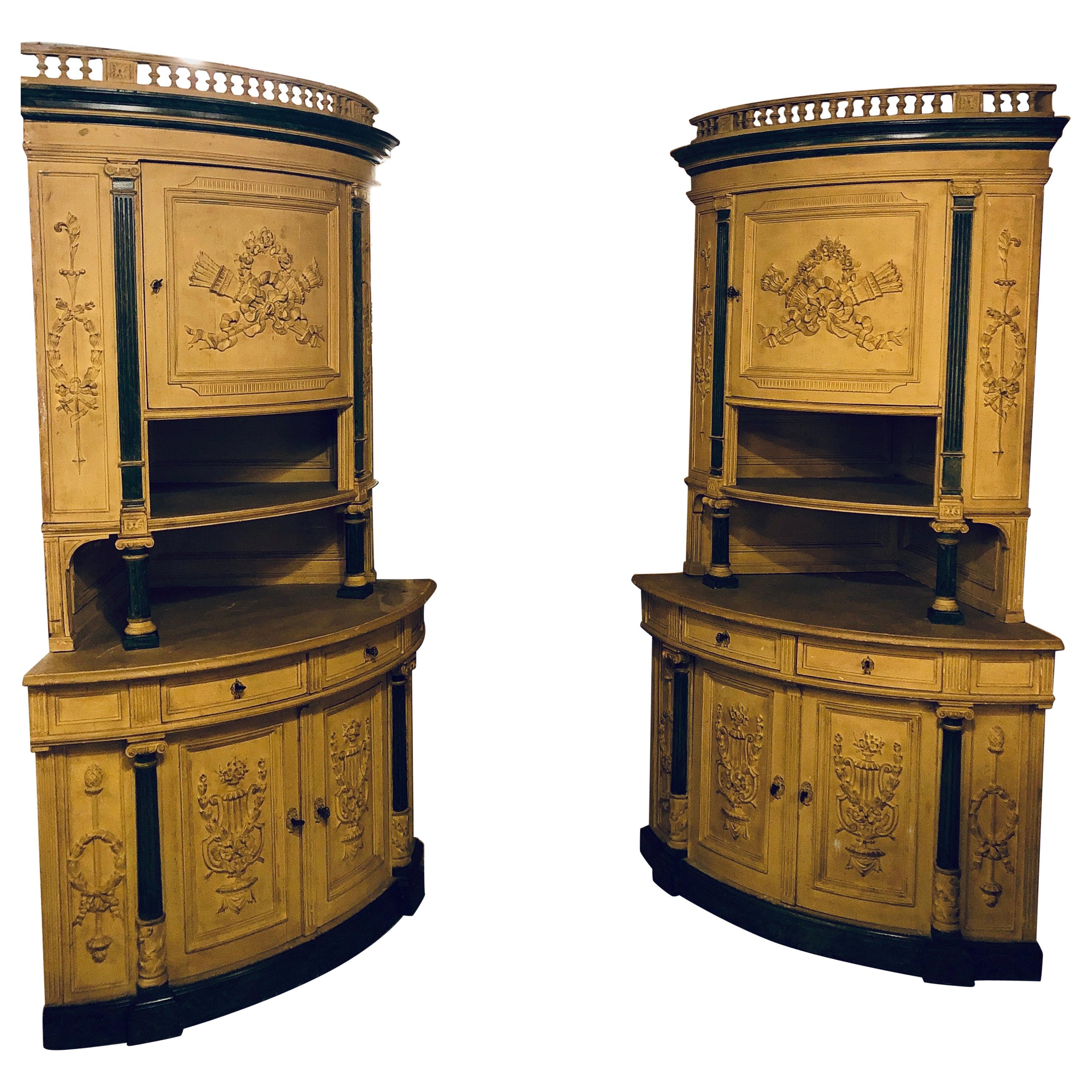 Pair of 19th Cent Monumental Paint Decorated Corner Cabinets Faux Marble Columns