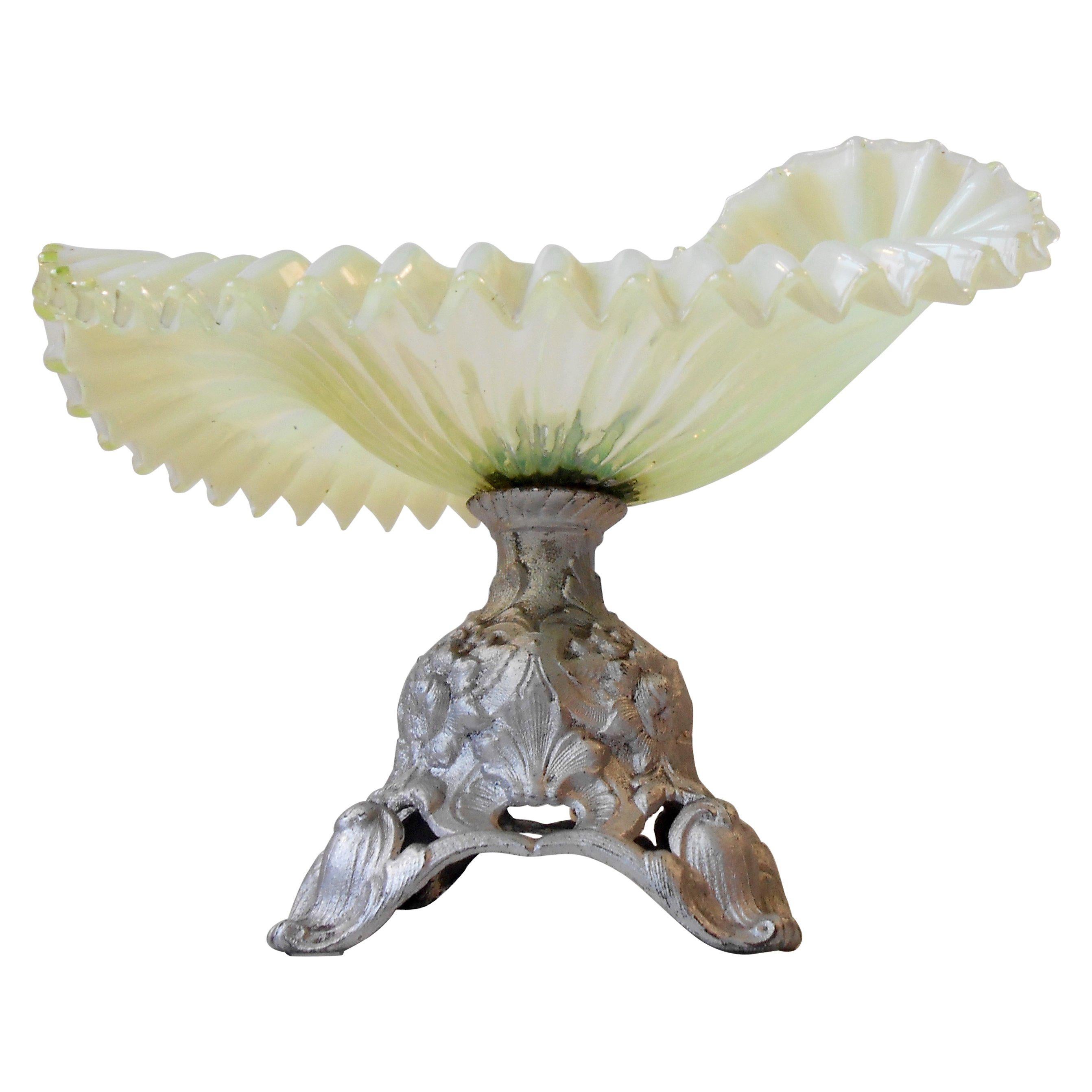 Antique French Pedestal Bowl in Opalescent Fluted Glass and Wrought Iron, 1900s For Sale