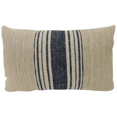 19th Century French Blue Stripes Grain Sack Decorative Lumbar Pillow