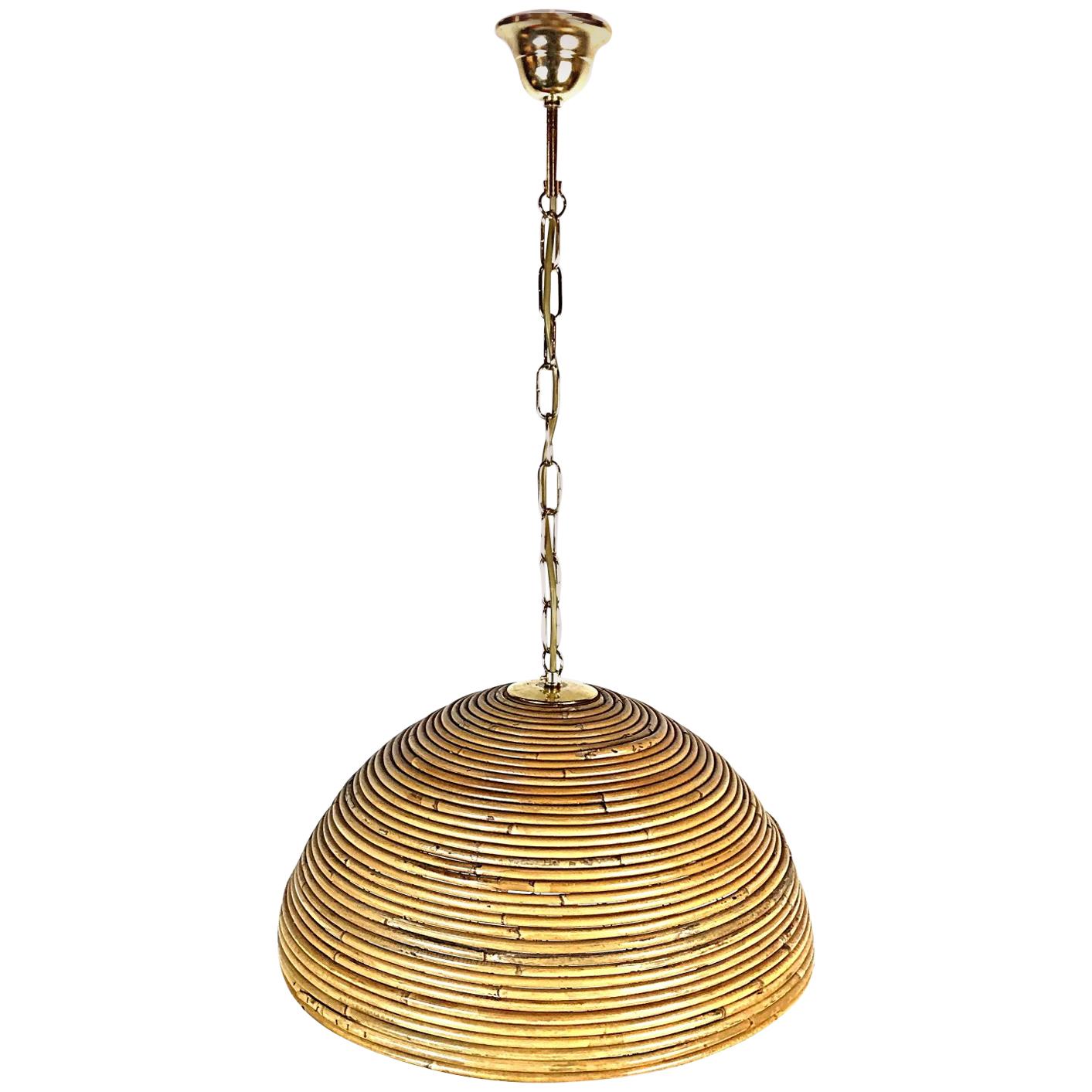 Crespi Style Mid-Century Modern Bamboo and Brass Pendant Light, Italy, 1950s