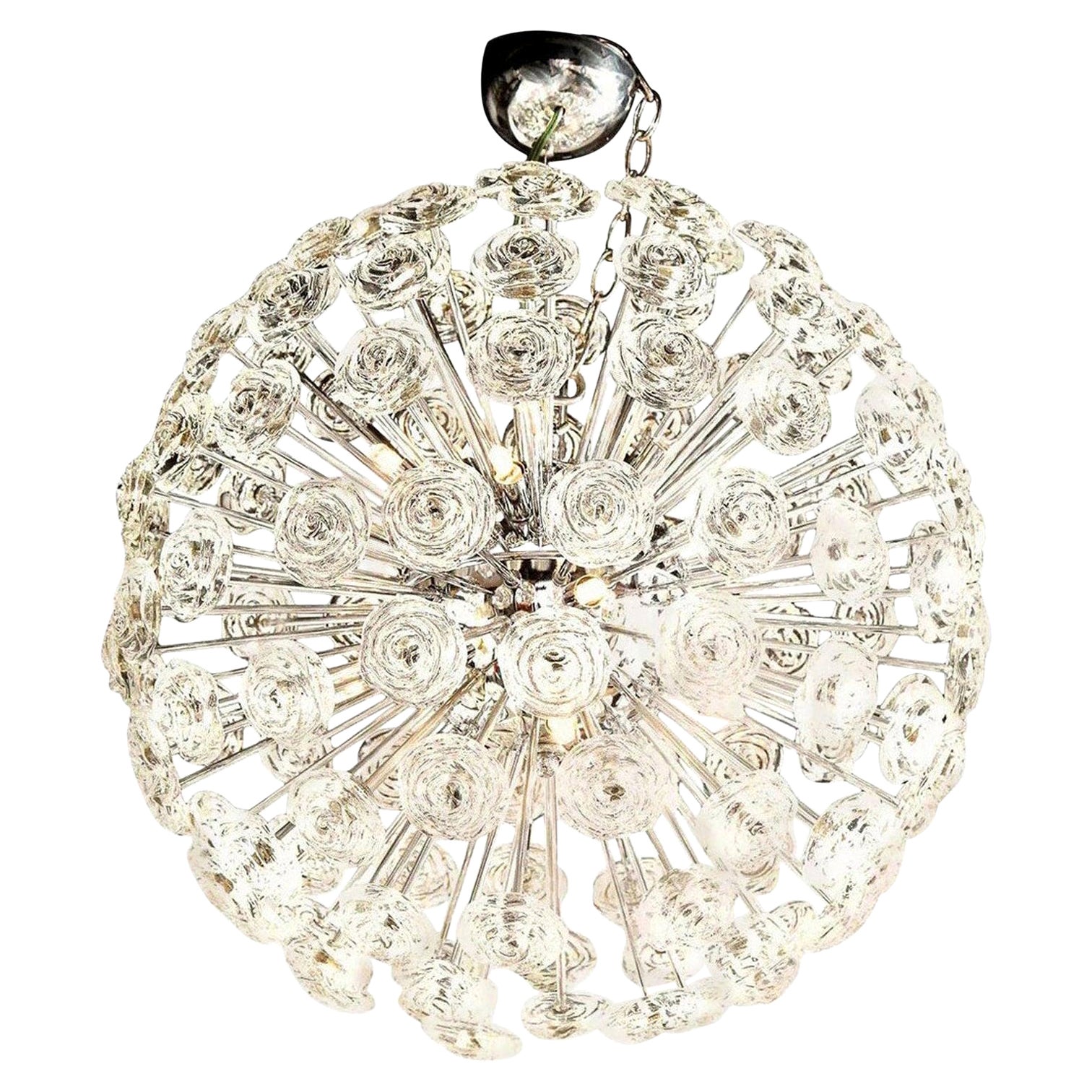 Chandelier with Glass Roses, Midcentury Design, Italy, Large Chrome Sphere