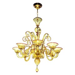 Venetian Glass Chandelier, Amber with Red Details, 8 Arms, Italy, Contemporary