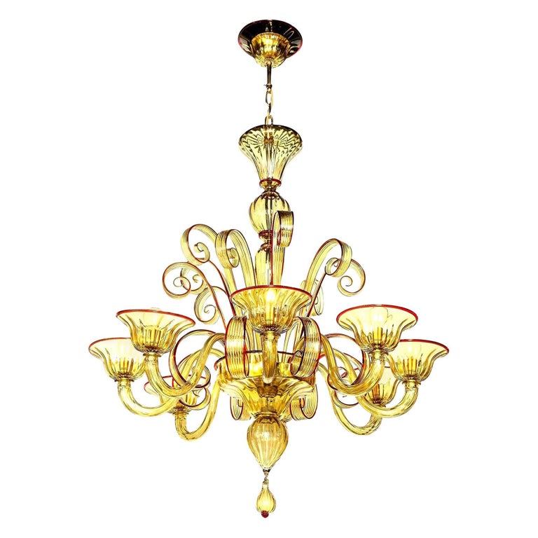 Venetian Glass Chandelier, Amber with Red Details, 8 Arms, Contemporary, Italy For Sale