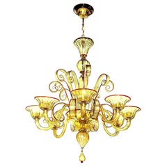 Venetian Glass Chandelier, Amber Color with Red, Contemporary, Italy, 8 Arms