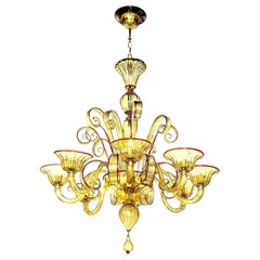 Venetian Glass Chandelier, Amber Color/Red, Contemporary, Murano, 8 Arms, Italy