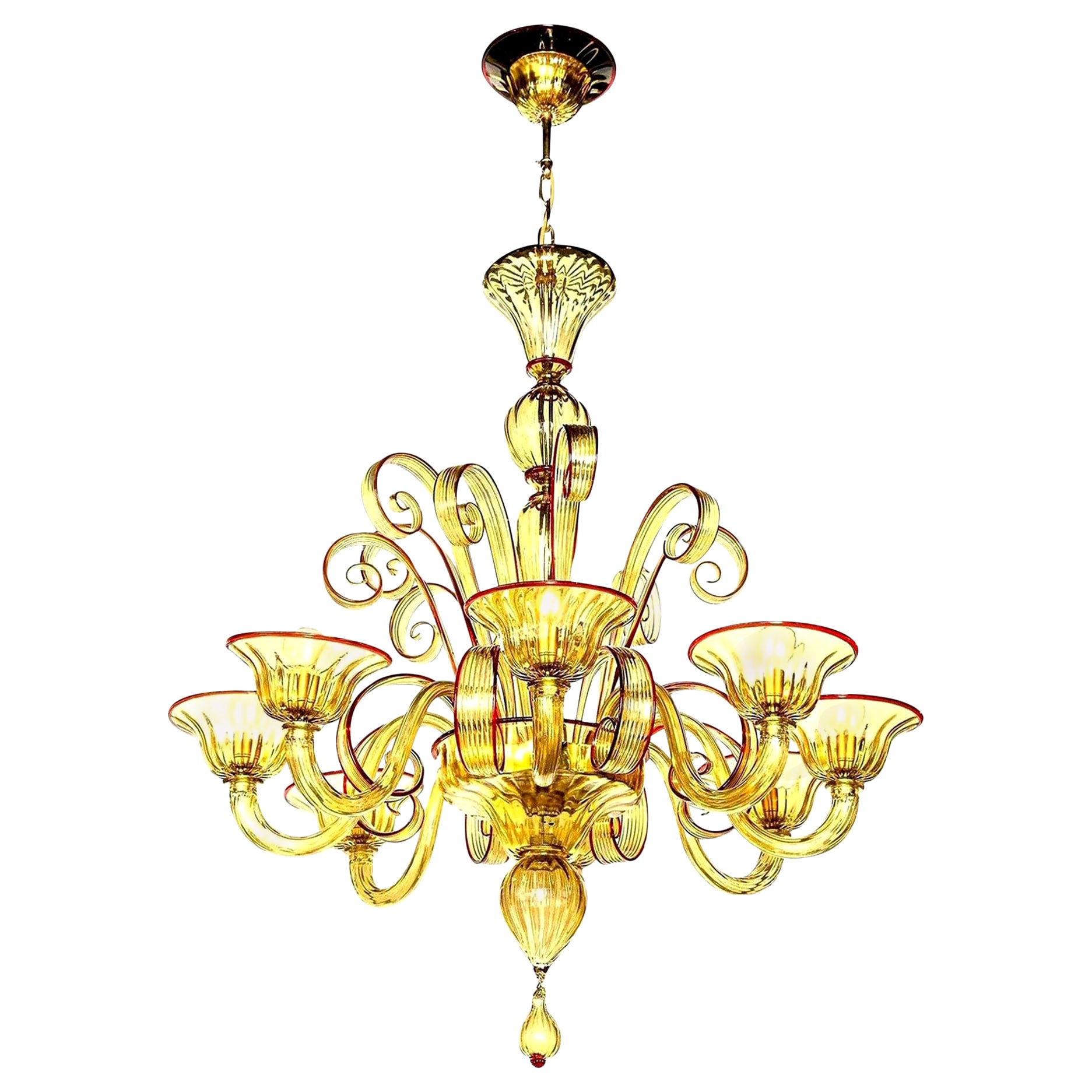 Venetian Glass Chandelier, Amber Color/Red, Contemporary, Murano, Italy, 8 Arms For Sale