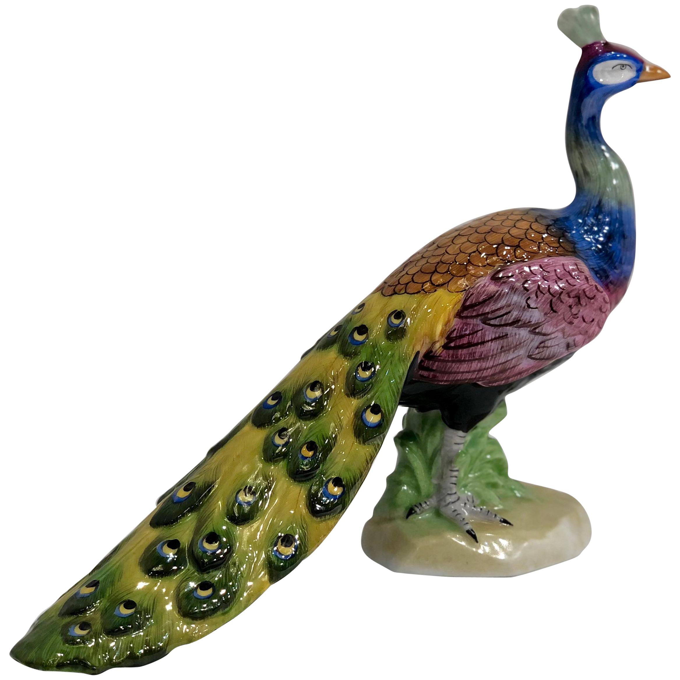 Exquisite Dresden Porcelain Peacock Tail Closed Facing Forward Figurine Germany