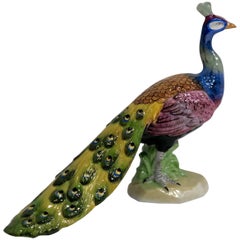 Exquisite Dresden Porcelain Peacock Tail Closed Facing Forward Figurine Germany