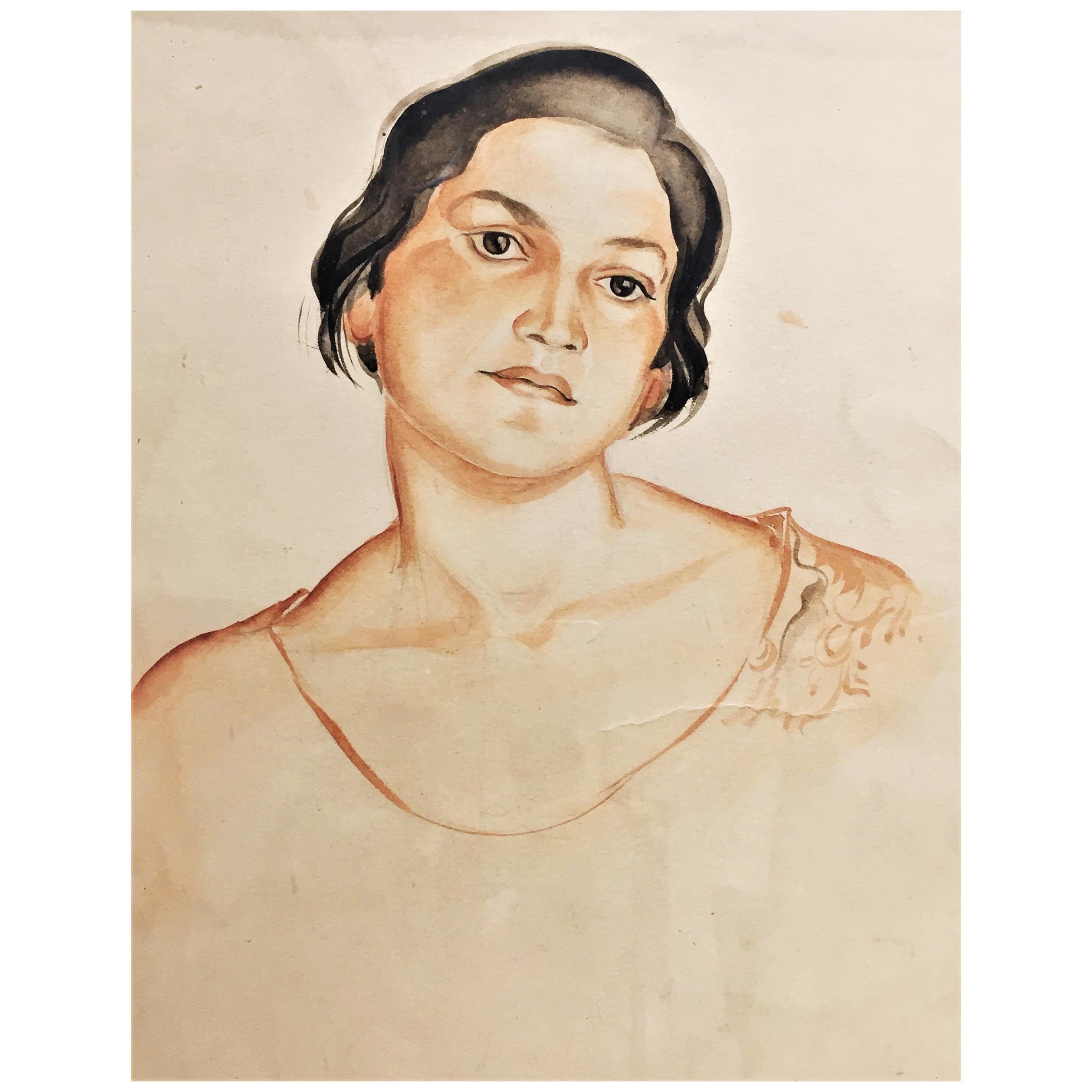 Irina Shtenberg, Portrait of a Young Woman, Watercolor on Paper, circa 1940s For Sale