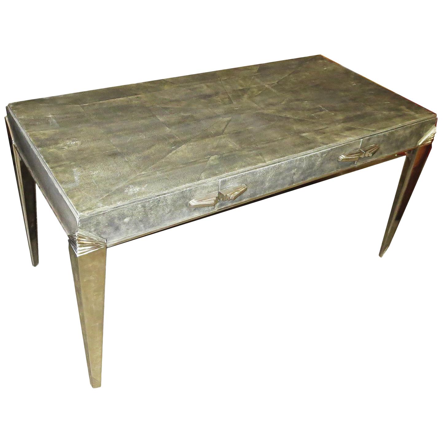 Art Deco Desk in Shagreen and Polished Nickel For Sale